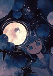 1girl 2024 ahoge ahoge_girl_(jimini_shijimi) blue_eyes blue_hair blue_neckerchief blue_sailor_collar blue_serafuku blunt_bangs commentary dated dot_nose frog highres jimini_shijimi lily_pad looking_at_reflection lotus_leaf moon moon_reflection neckerchief no_pupils open_mouth original reflection ripples sailor_collar school_uniform serafuku short_eyebrows short_hair sidelocks solo star_(sky) water 