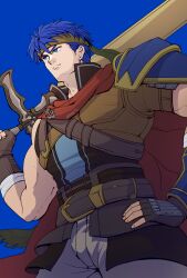  1boy absurdres aonagimay armor blue_background blue_eyes blue_hair closed_mouth fire_emblem fire_emblem:_radiant_dawn hand_on_own_hip headband highres holding holding_sword holding_weapon ike_(fire_emblem) male_focus over_shoulder pauldrons shoulder_armor simple_background single_pauldron solo sword sword_over_shoulder weapon weapon_over_shoulder 