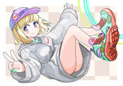  1girl aqua_nails aqua_shoes baseball_cap blonde_hair blunt_bangs blush border breasts bright_pupils character_request closed_mouth commentary_request eyelashes fingernails full_body grey_jacket grid_background hat hood hood_down hooded_jacket jacket kemuribata long_sleeves nail_polish outline outstretched_arms purple_hat shoelaces shoes short_hair smile sneakers solo spread_arms v violet_eyes watashi_ga_motenai_no_wa_dou_kangaetemo_omaera_ga_warui! white_border white_outline white_pupils 
