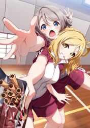  2girls amaki-chan_(volfuji) basketball_court black_shirt blonde_hair blue_eyes braid brown_hair crown_braid food food_in_mouth green_eyes grin gym_uniform hair_rings highres holding holding_food indoors jacket looking_at_viewer love_live! love_live!_sunshine!! multiple_girls ohara_mari open_mouth pocky pocky_in_mouth raised_eyebrows raised_inner_eyebrows red_shorts shirt short-sleeved_jacket short_hair short_sleeves shorts single_hair_ring smile swept_bangs watanabe_you zipper 