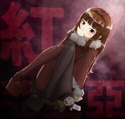  1girl asymmetrical_footwear black_boots boots brown_hair capelet capelet_bow commentary_request doll dutch_angle expressionless fur-trimmed_capelet fur_trim kurenaino_aria long_hair mismatched_footwear mismatched_shoes multicolored_pantyhose occultic;nine pantyhose red_boots science_adventure shoes solo text_background translation_request viroa yellow_eyes 