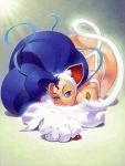  blue_eyes blue_hair butterfly capcom cat_ears claws felicia fur long_hair squatting tail vampire_(game) 