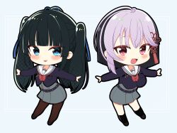 2girls :d absurdres ahoge akashiya_yuu belt black_belt black_hair black_outline black_shirt black_socks blue_ribbon blunt_bangs blush bob_cut bow braid breasts brown_pantyhose buttons chest_bow chibi chibi_only commentary_request crack_lack_good_luck double-breasted full_body green_eyes grey_background grey_hair grey_skirt hair_ornament hair_ribbon half_up_braid high-waist_skirt highres hisui_ren kneehighs large_breasts long_hair long_sleeves looking_at_viewer medium_hair multicolored_hair multiple_girls official_artist_extra open_mouth outline outstretched_arms pantyhose pleated_skirt red_bow red_eyes ribbon sailor_collar sailor_shirt school_uniform serafuku shirt sidelocks simple_background skirt smile socks straight_hair tassel tassel_hair_ornament tft_(tft7822) two-tone_hair two_side_up white_sailor_collar 