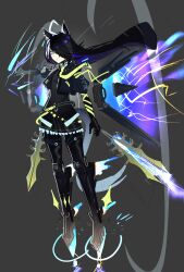  1girl adapted_costume ahoge animal_ears belt black_gloves black_hair black_jacket black_leggings black_shirt black_skirt blue_hair clothes_writing commentary cropped_jacket dyed_ahoge elbow_gloves english_commentary frilled_skirt frills gloves glowing glowing_hair grey_background hand_up highres horse_ears horse_girl jacket leggings light_particles looking_at_viewer manhattan_cafe_(creeping_shadow)_(umamusume) manhattan_cafe_(umamusume) mechanical_legs mechanical_wings multicolored_hair necktie one_eye_covered shirt skirt solo spindrift thrusters two-tone_hair umamusume wings yellow_eyes yellow_necktie 