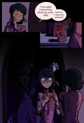 2girls black_hair chinese_clothes chrysalis_(miraculous_ladybug) colored_skin dress elenex english_text floral_print floral_print_dress freckles grin hair_bun hair_ribbon highres jacket lila_rossi marinette_dupain-cheng miraculous_ladybug mirror multiple_girls official_alternate_costume pink_dress pink_ribbon print_dress purple_jacket purple_skin qipao reflection ribbon single_side_bun smile snowglobe suit_jacket sweat tikki_(miraculous_ladybug) wide-eyed 