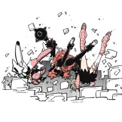  3girls aria_(robot)_(zenless_zone_zero) aria_(zenless_zone_zero) black_hair blonde_hair falling hammer holding holding_hammer holding_weapon leg_warmers mecha_musume multicolored_hair multiple_girls nangong_yu pink_hair robot simple_background ssambatea sunna_(zenless_zone_zero) thigh-highs two-tone_hair weapon zenless_zone_zero 