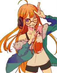  1girl bare_shoulders black_shorts blush commentary_request cowboy_shot finger_to_mouth fur-trimmed_jacket fur_trim glasses green_jacket grin hand_up headphones highres jacket kanna_nijiniji long_hair looking_at_viewer off-shoulder_shirt off_shoulder one_eye_closed open_clothes open_jacket orange_hair parted_lips persona persona_5 round_eyewear sakura_futaba shirt shorts shushing smile solo strap white_background white_shirt 