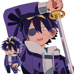  1boy black_hair chibi closed_mouth eyepatch fate_rewinder grey_hoodie hair_between_eyes highres holding holding_sword holding_weapon hood hood_down hoodie jacket katana long_sleeves looking_at_viewer male_focus multicolored_hair multiple_views open_clothes open_mouth outline pants shiguremkmds shirai_(fate_rewinder) short_hair simple_background sword teeth upper_teeth_only weapon white_background white_outline yellow_eyes 
