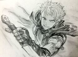  1boy armor breastplate cape commentary_request cropped_torso fantasy fingerless_gloves gloves graphite_(medium) highres holding holding_sword holding_weapon jun_(navigavi) looking_at_viewer male_focus monochrome muscular muscular_male nose open_mouth original paper_background photo_(medium) short_hair short_sleeves sketch smile smirk solo sword teeth traditional_media vambraces very_short_hair weapon 