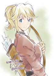 1girl absurdres ahoge arcboc arrow_(projectile) artist_name bag belt black_belt black_choker blonde_hair blue_eyes bow_(weapon) brown_bag choker collar collared_shirt commentary cowboy_shot english_commentary flare_en_kuldes from_side gensou_suikoden gensou_suikoden_iv green_background highres holding holding_bow_(weapon) holding_weapon juliet_sleeves long_sleeves looking_back looking_to_the_side medium_hair mixed-language_text ponytail puffy_sleeves red_shirt shirt sidelocks simple_background sketch solo split_mouth text translation_request two-tone_background two-tone_shirt untucked_shirt weapon white_background yellow_shirt