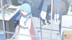  3girls ayumu_(blue_archive) black_hair black_pantyhose blue_archive blue_eyes blue_hair blue_halo book box braid chair closed_mouth coat colored_inner_hair commentary_request dress from_above general_student_council_president_(blue_archive) halo high_heels highres long_hair looking_at_viewer mikan_battery multicolored_hair multicolored_halo multiple_girls one_eye_covered pantyhose pink_hair rin_(blue_archive) side_braid solo_focus table tablet_pc through_window two-tone_halo very_long_hair white_coat white_dress white_halo wide_shot window 