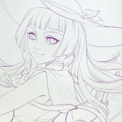  1girl bag blunt_bangs braid braided_base closed_mouth commentary duffel_bag english_commentary from_side hat highres lillie_(pokemon) lineart long_hair looking_at_viewer monochrome pokemon ponytail ponytail_with_braided_base sketch sleeveless smile solo stanley_lau sun_hat twin_braids upper_body 