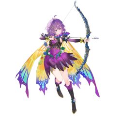  1girl archery arrow_(projectile) artist_request bare_shoulders bernadetta_von_varley bernadetta_von_varley_(resplendent)_(fire_emblem) boots bow_(weapon) bridal_gauntlets cape detached_sleeves drawing_bow dress fairy fighting_stance fire_emblem fire_emblem:_three_houses fire_emblem_heroes gradient_cape grey_eyes holding holding_arrow holding_bow_(weapon) holding_weapon looking_at_viewer official_alternate_costume plant purple_boots purple_dress purple_hair quiver short_hair shorts solo transparent_background vines weapon yellow_cape yellow_shorts 