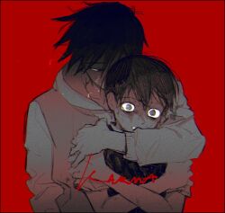  2boys alternate_costume bac0n_pancakes collared_shirt double-parted_bangs greyscale_with_colored_background hair_between_eyes hero_(faraway)_(omori) hero_(omori) hood hoodie long_sleeves looking_at_another multiple_boys omori parted_lips red_background shirt short_hair short_sleeves simple_background sunny_(omori) sweat sweater_vest 