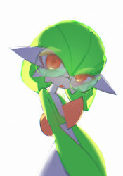  1girl artist_name backlighting bespectacled bob_cut chromatic_aberration colored_skin commentary fang flat_chest gardevoir glasses green_hair green_skin hair_between_eyes highres looking_at_viewer maeyufiore multicolored_skin open_mouth own_hands_together pokemon pokemon_(creature) red_eyes round_eyewear short_hair signature simple_background skin_fang solo standing two-tone_skin upper_body v_arms white_background white_skin 