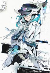  1girl abstract_background bird_wings character_name coat commentary duplicate feathered_wings feathers goggles grey_eyes grey_hair hat highres jacknavy medium_hair reverse:1999 solo vertin_(reverse:1999) white_background white_coat wings 