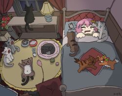  1girl absurdres bed bowl cat cat_teaser closed_eyes commentary curtains dead_animal desk drooling english_commentary fighting highres indoors kaenbyou_rin kaenbyou_rin_(cat) komeiji_satori lamp mouse_(animal) mouth_drool open_mouth pet_bowl pink_hair puupiks sweatdrop touhou under_covers window 