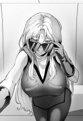  1girl adjusting_eyewear breasts char_aznable commentary_request genderswap genderswap_(mtf) greyscale gundam gundam_zz highres inuno_misoni large_breasts leaning_forward looking_at_viewer monochrome quattro_bajeena reaching reaching_towards_viewer smile sunglasses 