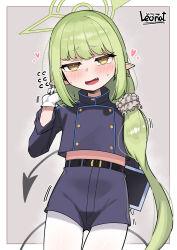  1girl absurdres blue_archive blue_shirt blue_shorts commentary demon_tail earrings gloves green_hair green_halo halo highres jewelry leonat nozomi_(blue_archive) pantyhose pointy_ears shirt shorts side_ponytail sidelocks single_earring tail white_gloves white_pantyhose yellow_eyes 