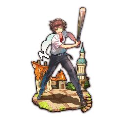  1boy baseball_bat belt black_pants brown_hair building commentary_request green_eyes higurashi_no_naku_koro_ni holding holding_baseball_bat jpeg_artifacts last_period maebara_keiichi official_art pants shirt short_hair short_sleeves smile solo standing white_shirt whoopin 
