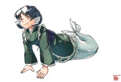  1girl blue_eyes blue_hair commentary_request dated fingernails fins full_body green_kimono head_fins highres japanese_clothes kimono kokechankokko lying merfolk mermaid monster_girl obi obijime on_side sash short_hair sideways_glance simple_background smile solo touhou wakasagihime white_background 