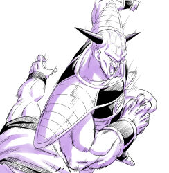  amayuki318 armband black_horns captain_ginyu clenched_hand collarbone commentary_request dougi dragon_ball dragon_ball_z fighting fighting_stance highres hitting horns muscular muscular_male open_mouth partially_colored saiyan_armor simple_background son_goku teeth tongue undershirt veins white_background wristband 