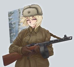  1girl bad_source blush brown_gloves closed_eyes facing_viewer gloves gun hat highres holding holding_gun holding_weapon light_blush medium_hair original ppsh-41 ribbed_jacket smile soldier solo soviet_army submachine_gun ushanka weapon world_war_ii zap-nik 