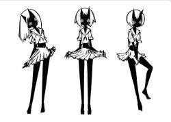  3girls barefoot black_skin clothes_grab colored_skin expressionless full_body horns looking_at_viewer monochrome multiple_girls oni original ringed_eyes second-party_source short_hair sketch skirt ueda_hajime 