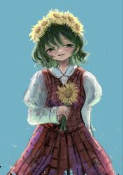  1girl arm_at_side blue_background cowboy_shot flower flower_wreath green_eyes green_hair grid_print highres holding holding_flower juliet_sleeves kazami_yuuka long_sleeves looking_ahead looking_at_viewer medium_hair narrowed_eyes omaega_chan parted_lips puffy_sleeves red_skirt red_vest shirt simple_background skirt solo straight-on sunflower touhou vest white_shirt 