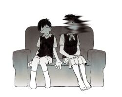  1boy 1girl antenna_hair bac0n_pancakes barefoot brother_and_sister closed_eyes collared_shirt commentary_request couch greyscale hands_on_lap long_hair mari_(faraway)_(omori) mari_(omori) monochrome neckerchief omori on_couch parted_lips pleated_skirt shirt short_hair short_sleeves siblings sitting skirt socks sunny_(omori) sweater_vest 