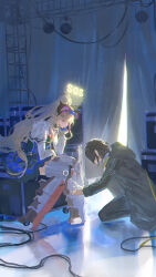  2girls absurdres arknights arknights:_endfield backstage black_coat black_hair blindfold_mask blue_dress blue_gloves bow bow_hairband brown_hair cable chinese_commentary coat commentary_request covered_eyes curled_horns curtains demon_girl demon_horns dress elbow_rest endministrator_(arknights) female_endministrator_(arknights) frilled_dress frills from_side full_body gloves hair_bow hairband head_on_hand head_rest highres hood hood_down hooded_coat horns idol liino_(arknights) long_hair looking_at_another mask mechanical_legs multicolored_horns multiple_girls on_one_knee pointy_ears ponytail short_hair shrug_(clothing) sitting stage_curtains two-tone_horns violet_eyes white_shrug zangfoxzang 