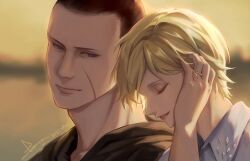  1boy 1girl 2026 black_hoodie blonde_hair blue_eyes blurry blurry_background brown_hair closed_eyes commentary_request dated grey_shirt hand_in_own_hair hetero hood hoodie hxdiedcat jake_muller jewelry looking_at_another parted_lips resident_evil resident_evil_6 ring scar scar_on_cheek scar_on_face sherry_birkin shirt short_hair sign smile upper_body very_short_hair 