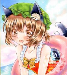  1girl :3 alternate_costume animal_ear_piercing animal_ears beach blue_sky blush bow brown_eyes brown_hair cat_ears cat_tail chen clouds commentary day earrings green_hat hat highres hoop_earrings jewelry looking_at_viewer mob_cap multiple_tails nekofish666 nekomata ocean one-piece_swimsuit open_mouth red_one-piece_swimsuit short_hair single_earring sky smile solo swim_ring swimsuit tail touhou two_tails water watermark yellow_bow 