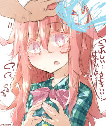  1boy 1girl ? ?? blush bow bowtie checkered_clothes checkered_shirt commentary_request dated fox_mask green_shirt hata_no_kokoro headpat heart long_hair looking_down mask open_mouth pink_bow pink_bowtie pink_hair shirt simple_background solo_focus sweat touhou translation_request upper_body white_background zeroyon_(yukkuri_remirya) 