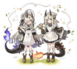  2girls absurdres aged_down alternate_costume apron apron_pocket aqua_eyes arknights artist_name black_dress black_ribbon blonde_hair blush bonnet boots bouquet brown_boots character_name chinese_commentary closed_mouth commentary_request detached_sleeves dot_mouth dragon_horns dragon_tail dress enmaided fang fire flame-tipped_tail floral_print_headwear flower frilled_apron frills full_body gardener gauze_on_knee hair_flower hair_ornament hair_over_one_eye hat hat_ribbon highres holding holding_bouquet holding_trowel holding_watering_can horns long_hair long_sleeves looking_at_viewer maid maid_apron multiple_girls multiple_horns necrass_(arknights) necrass_(young)_(arknights) object_in_pocket pocket ppxdq puffy_long_sleeves puffy_sleeves purple_fire purple_flower reed_(arknights) reed_(young)_(arknights) revision ribbon scissors shovel siblings sidelocks sisters skin_fang slit_pupils socks tail textless_version trowel very_long_hair watering_can white_apron white_flower white_socks wilted_flower yellow_flower 