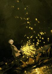  1boy artist_name city_lights cityscape closed_mouth coat commentary_request crossed_bangs dark-skinned_male dark_skin fireworks flower hair_between_eyes highres holding holding_flower instagram_username jimini_shijimi long_sleeves night original outdoors pants reflection senkou_hanabi shoes short_hair skeb_username solo sparkler standing twitter_username white-haired_man_(jimini_shijimi) white_hair 
