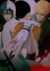  1girl 2boys black_background black_boots black_hair black_kimono bleach boots breasts commentary crescent_moon dress english_commentary facial_mark floating full_body green_eyes grey_lips hair_between_eyes half_mask highres hole_in_chest hole_on_body impossible_clothes inoue_orihime jacket japanese_clothes kimono kurosaki_ichigo large_breasts long_dress long_hair long_sleeves mask moon multiple_boys orange_hair parted_lips shihakusho short_hair twitter_username ulquiorra_cifer upper_body white_dress white_jacket yorumudts 
