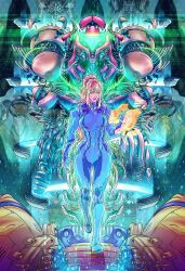  1girl abs blonde_hair blue_bodysuit bodysuit breasts commentary english_commentary exposed_internal_machinery fusion_suit green_eyes highres holographic_interface long_hair medium_breasts metroid metroid_dread metroid_fusion metroid_prime_3:_corruption metroid_suit normal_suit_(metroid) ped_suit ponytail power_suit_(metroid) samus_aran sebastian_von_buchwald skin_tight solo varia_suit walking zero_suit 