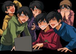  6+boys a_ktkr175 black_background black_hair blood blue_hoodie blush brothers computer green_hoodie grin heart heart_in_mouth hood hoodie implied_pornography laptop long_sleeves male_focus matsuno_choromatsu matsuno_ichimatsu matsuno_jyushimatsu matsuno_karamatsu matsuno_osomatsu matsuno_todomatsu multiple_boys nosebleed open_mouth osomatsu-san osomatsu_(series) pink_hoodie purple_hoodie red_hoodie short_hair siblings smile sweatdrop yellow_hoodie 
