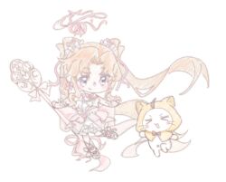  >_< 1girl absurdly_long_hair absurdres ahoge animal ankle_ribbon arm_bow arm_warmers artist_request back_bow bare_shoulders blonde_hair blush_stickers bow bow_earrings bowtie bubble_skirt cat chibi cloak closed_mouth clothed_animal cone_hair_bun dot_nose double_bun dreamtime_bestowed_(infinity_nikki) dress dress_bow ear_covers earrings floating_hair footwear_bow frilled_arm_warmers frills gift_art hair_bow hair_bun hair_ornament halo happy heart heart_hair_ornament highres holding holding_spoon hood hood_up hooded_cloak infinity_nikki jewelry large_bow layered_dress leg_ribbon light_blush long_hair looking_at_animal momo_(nikki) nikki_(series) oversized_object parted_bangs pink_arm_warmers pink_bow pink_bowtie pink_dress pink_halo pink_ribbon red_bow red_bowtie ribbon second-party_source shoes short_dress simple_background skirt sleeveless sleeveless_dress smile spoon tareme teaspoon traditional_bowtie twintails very_long_hair violet_eyes whiskers white_background white_bow white_cat white_dress white_shoes x_navel yellow_cloak 