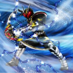 1boy antennae armored_bodysuit black_bodysuit black_gloves black_helmet bodysuit bow_(weapon) chalice_arrow chalice_rouzer commentary_request electricity gloves helmet highres holding holding_bow_(weapon) holding_weapon kamen_rider kamen_rider_blade_(series) kamen_rider_chalice official_art rangers_strike red_eyes rider_belt solo tokusatsu walkon3310 weapon 