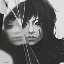  1girl album_cover album_cover_redraw artist_name black_dress broken_glass cover derivative_work dress eyelashes glass greyscale hair_over_eyes highres lady_gaga lady_gaga_(copyright) lips looking_at_viewer medium_hair monochrome moy_gogo portrait 