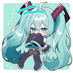  1girl ahoge aqua_background aqua_eyes aqua_hair aqua_trim arm_tattoo ben-day_dots black_boots black_skirt blush boots chibi colored_shoe_soles detached_sleeves double-parted_bangs eyelashes full_body hair_intakes hair_ornament hatsune_miku highres long_hair miniskirt number_tattoo pleated_skirt screentones shirt sidelocks skirt sleeveless sleeveless_shirt sleeves_past_fingers sleeves_past_wrists solo tattoo thigh_boots twintails very_long_hair vocaloid white_shirt yuni_(irohasuiroiro) 