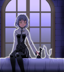  1girl bed black_jacket black_necktie black_pantyhose black_skirt blue_eyes commentary_request feet_out_of_frame figure hiro_yoshinaka holding indoors jacket military_uniform multicolored_jacket necktie pantyhose sanya_v._litvyak short_hair sitting skirt strike_witches two-tone_jacket white_hair white_jacket window world_witches_series 