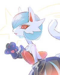  1girl alternate_color black_gloves blue_hair bob_cut colored_skin dress elbow_gloves furrification furry furry_female gardevoir gloves lowres mega_gardevoir mega_pokemon orange_eyes pokemon pokemon_(creature) raine_(acke2445) shiny_pokemon simple_background strapless strapless_dress white_background white_skin 