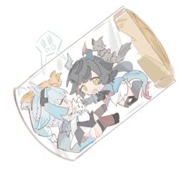  ! 2girls aki_choco animal_ears arcane_(arknights) arknights arknights:_endfield baby_animal bird_ears bird_girl blue_horns blue_jacket blue_tail cat chen_qianyu_(arknights) chibi chibi_only commentary_request dragon_girl dragon_horns dragon_tail eastern_dragon_horns eastern_dragon_tail glass_bottle horns jacket kitten multicolored_tail multiple_girls red_thighhighs tail thigh-highs 