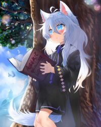  1girl :o absurdres against_tree alice_(ookami_hime_monogatari) animal_ears antenna_hair argyle_clothes argyle_sleeves bird black_robe black_shorts black_vest blue_eyes blue_sky blush book collared_shirt crossed_bangs day hair_between_eyes highres holding holding_book lens_flare long_hair long_sleeves looking_to_the_side off-shoulder_robe ookami_hime_monogatari open_book open_clothes open_robe outdoors parted_lips robe shirt shorts sky slit_pupils solo standing sunlight tail toba_hiyoko tree vest white_hair wide_sleeves wolf_ears wolf_girl wolf_tail 