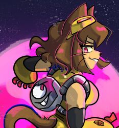  1girl animal_ears body_fur breasts brown_fur brown_hair cat_ears cat_girl cat_tail commentary english_commentary furry furry_female gameoverse gauntlets goggles goggles_on_head highres kaboodle_(gameoverse) kit_bodega one-eyed rectangular_eyes red_eyes short_hair tail theunusuallee whiskers yellow_gauntlets 