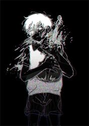  1boy antenna_hair bac0n_pancakes closed_mouth collared_shirt greyscale highres holding holding_instrument holding_violin instrument looking_at_viewer monochrome omori shirt short_hair short_sleeves shorts solo sunny_(omori) sweater_vest violin 