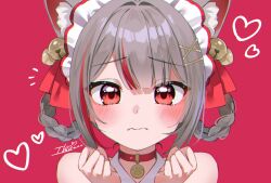  1girl animal_ear_fluff animal_ears bare_shoulders bell blush braid braided_hair_rings cat_ears choker closed_mouth commentary_request grey_hair hair_bell hair_intakes hair_ornament hair_rings hairclip hands_up highres ika_(4801055) jingle_bell korean_commentary looking_at_viewer maid_headdress multicolored_hair neneko_mashiro parted_bangs paw_pendant pendant_choker portrait raised_inner_eyebrows red_background red_choker red_streaks short_hair simple_background solo stellive straight-on streaked_hair virtual_youtuber wavy_mouth x_hair_ornament yuri 